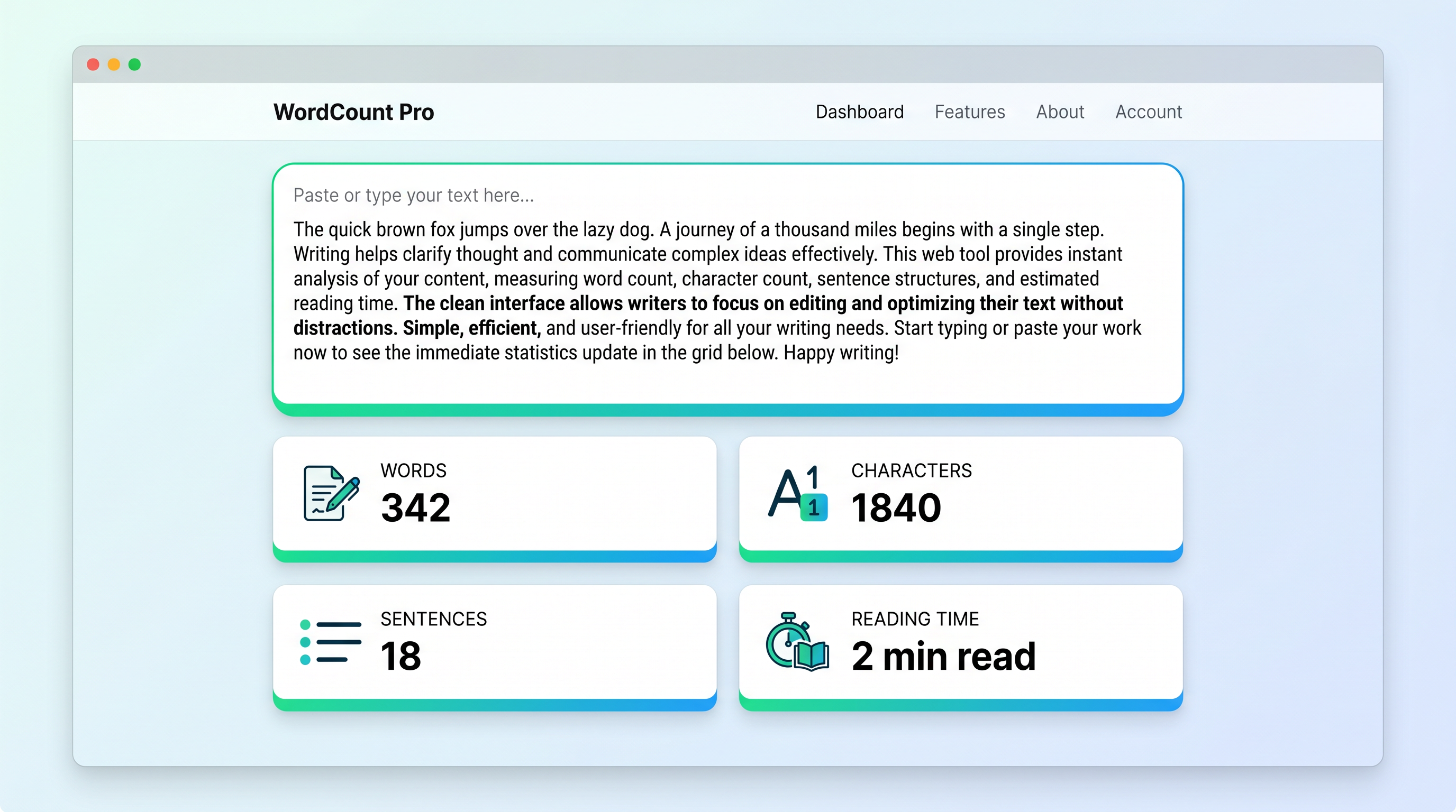 Free word counter tool showing word count character count and reading time